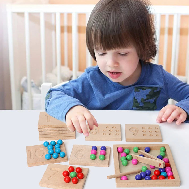 Wooden numbers game with colorful beads