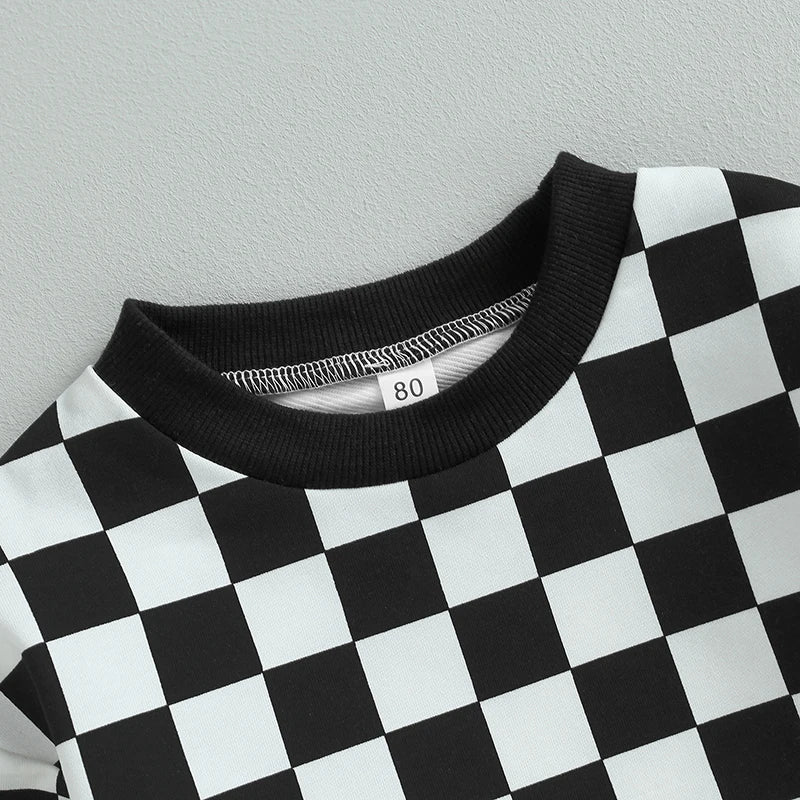 طقم أطفال 2 قطعة خريفي – هودي طويل الأكمام وبنطال رياضي منقوش مربعات