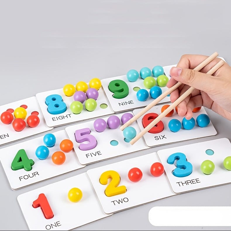 Wooden Number Matching Toy with Beads & Tweezers – Fine Motor Skill Development - Kid Zone