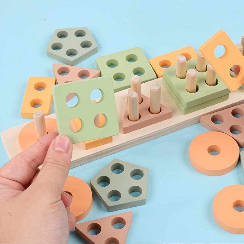 Wooden Shape Stacking Peg Set – Colorful Geometric Sorting Toy for Toddlers - Kid Zone