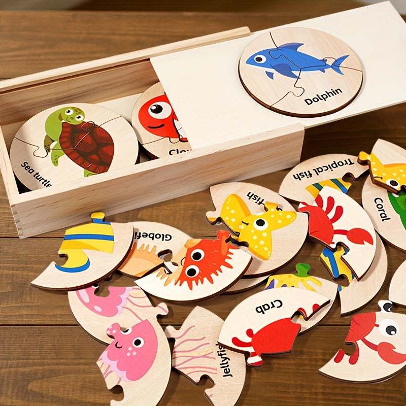 36-Piece Wooden Ocean Puzzle – Round Montessori Board for Toddlers - Kid Zone