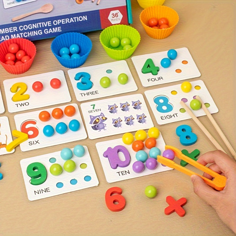 Wooden Number Matching Toy with Beads & Tweezers – Fine Motor Skill Development - Kid Zone
