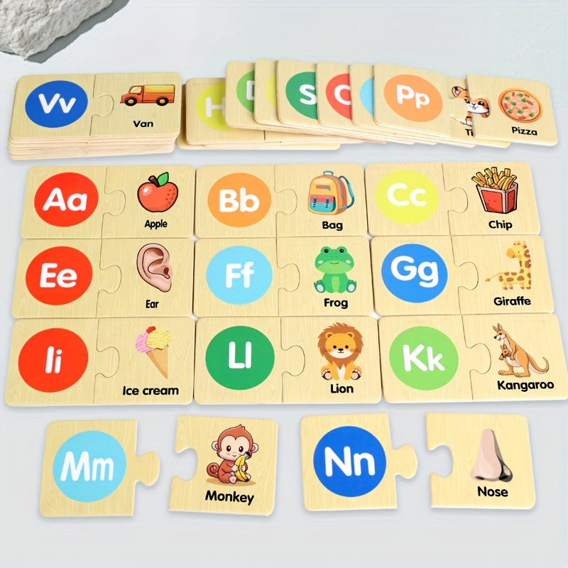 Montessori Wooden Alphabet Puzzle – ABC Learning Game for Kids with Animals & Food Words - Kid Zone
