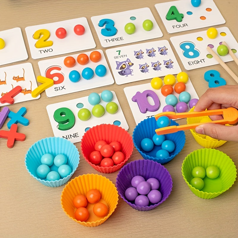 Wooden Number Matching Toy with Beads & Tweezers – Fine Motor Skill Development - Kid Zone