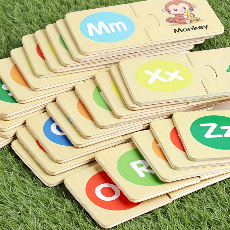 Montessori Wooden Alphabet Puzzle – ABC Learning Game for Kids with Animals & Food Words - Kid Zone