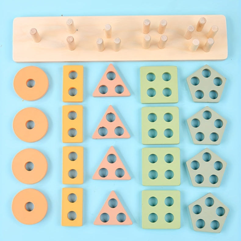 Wooden Shape Stacking Peg Set – Colorful Geometric Sorting Toy for Toddlers - Kid Zone
