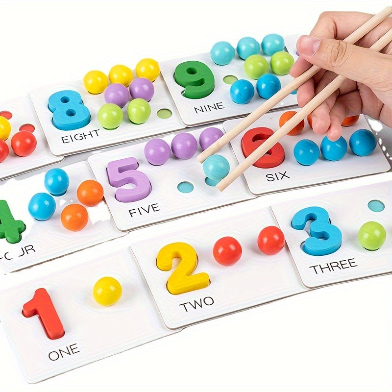 Wooden Number Matching Toy with Beads & Tweezers – Fine Motor Skill Development - Kid Zone