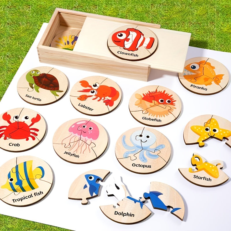 36-Piece Wooden Ocean Puzzle – Round Montessori Board for Toddlers - Kid Zone