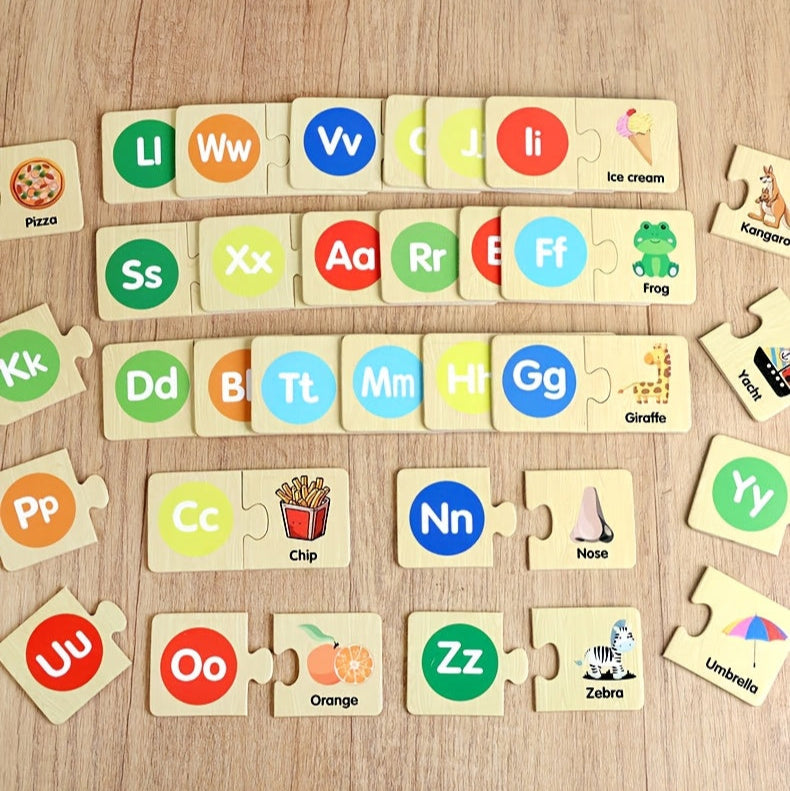 Montessori Wooden Alphabet Puzzle – ABC Learning Game for Kids with Animals & Food Words - Kid Zone