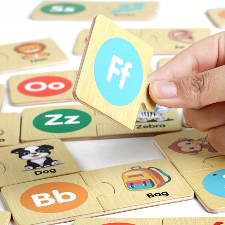 Montessori Wooden Alphabet Puzzle – ABC Learning Game for Kids with Animals & Food Words - Kid Zone
