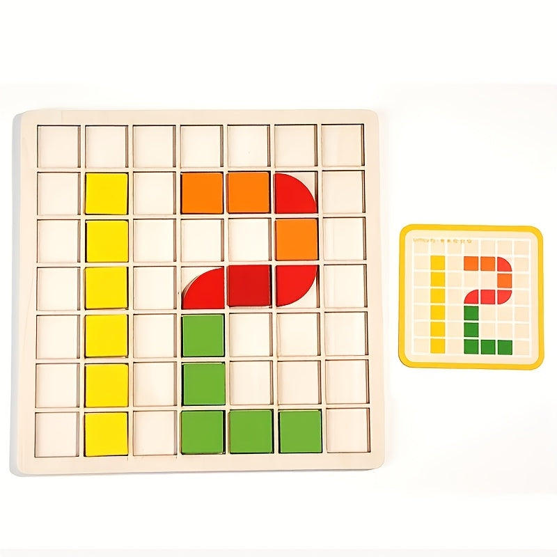 Complete Wooden Puzzle Set – 49 Grid Board + 20 Double-Sided Cards + 120 Colorful Pieces - Kid Zone