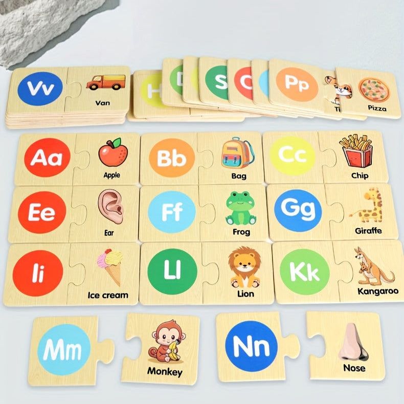 Montessori Wooden Alphabet Puzzle – ABC Learning Game for Kids with Animals & Food Words - Kid Zone