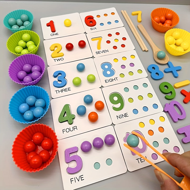 Wooden Number Matching Toy with Beads & Tweezers – Fine Motor Skill Development - Kid Zone