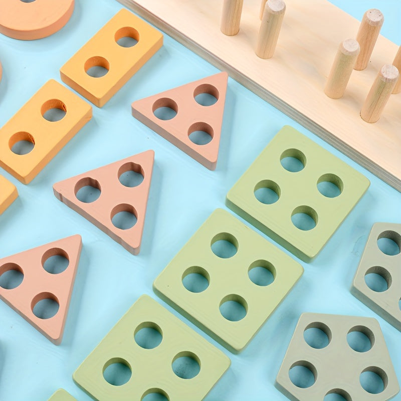 Wooden Shape Stacking Peg Set – Colorful Geometric Sorting Toy for Toddlers - Kid Zone