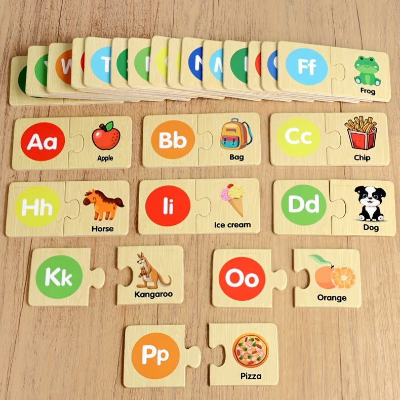 Montessori Wooden Alphabet Puzzle – ABC Learning Game for Kids with Animals & Food Words - Kid Zone