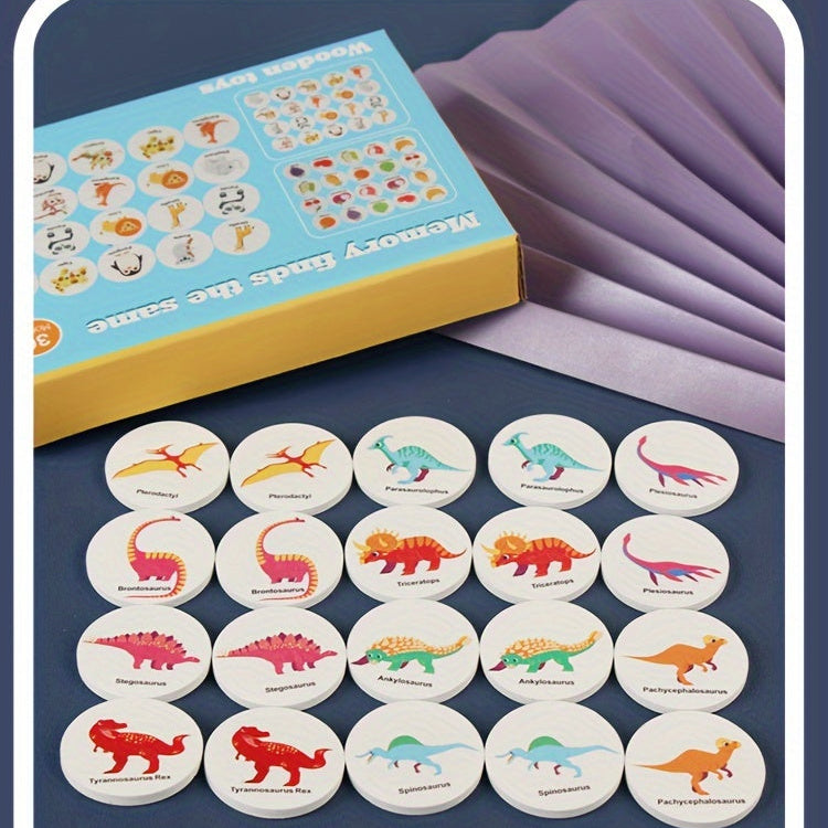 Montessori Wooden Memory Matching Game – Animals, Fruits & Dinosaurs Cards for Kids & Family - Kid Zone