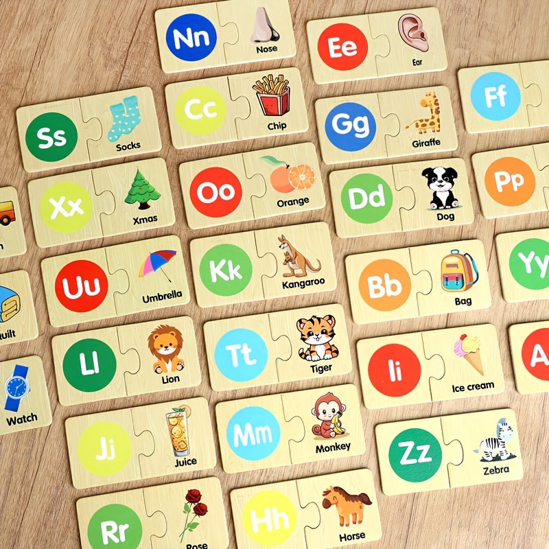Montessori Wooden Alphabet Puzzle – ABC Learning Game for Kids with Animals & Food Words - Kid Zone