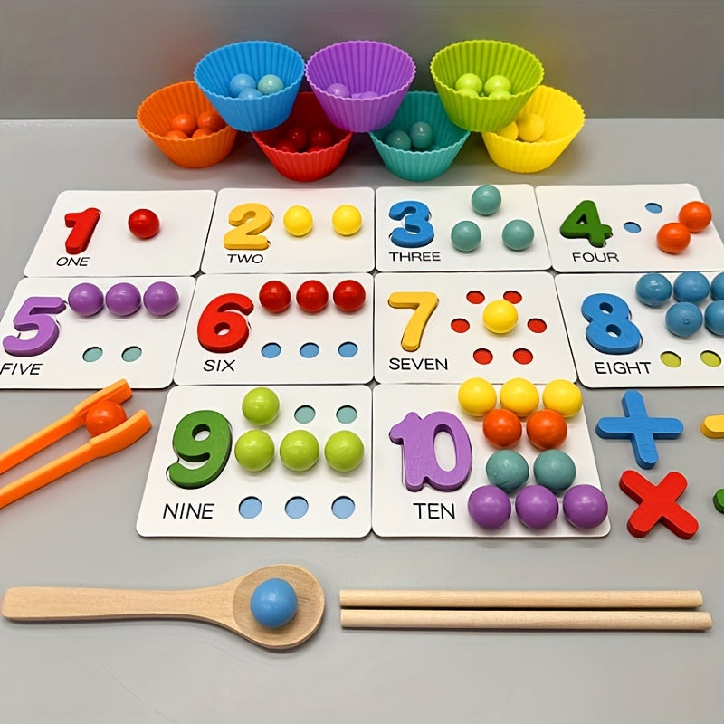 Wooden Number Matching Toy with Beads & Tweezers – Fine Motor Skill Development - Kid Zone