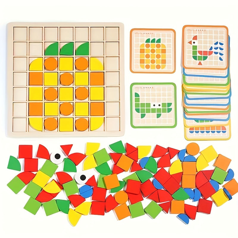 Complete Wooden Puzzle Set – 49 Grid Board + 20 Double-Sided Cards + 120 Colorful Pieces - Kid Zone