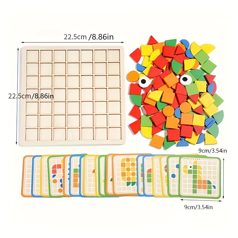 Complete Wooden Puzzle Set – 49 Grid Board + 20 Double-Sided Cards + 120 Colorful Pieces - Kid Zone