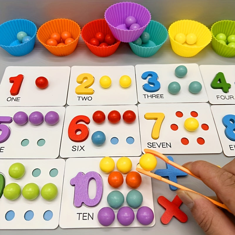 Wooden Number Matching Toy with Beads & Tweezers – Fine Motor Skill Development - Kid Zone