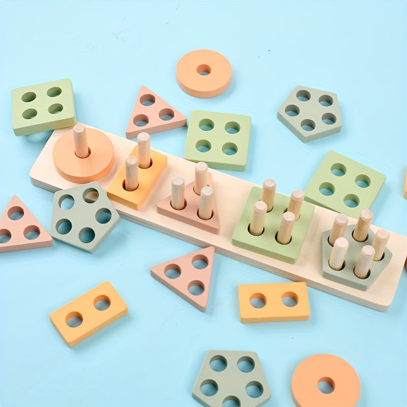 Wooden Shape Stacking Peg Set – Colorful Geometric Sorting Toy for Toddlers - Kid Zone