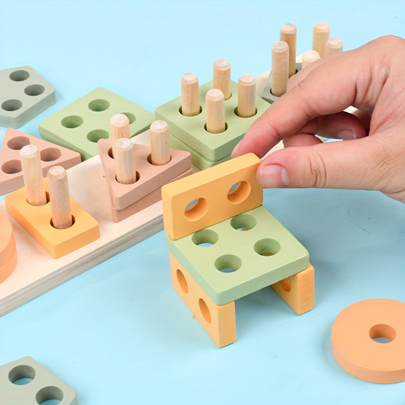 Wooden Shape Stacking Peg Set – Colorful Geometric Sorting Toy for Toddlers - Kid Zone