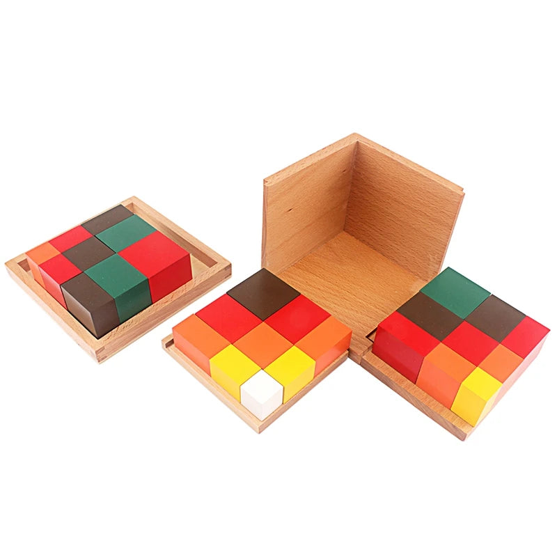 Montessori Tri-Color Cube Set – Wooden Cubes & Prisms in Storage Box (Math & Geometry Toy) - Kid Zone
