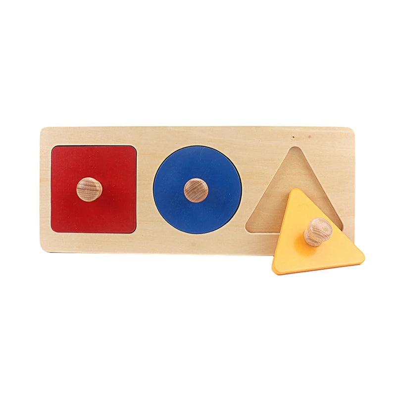 Montessori Wooden Shape Grip Board – Tri-Color Geometric Learning Puzzle - Kid Zone
