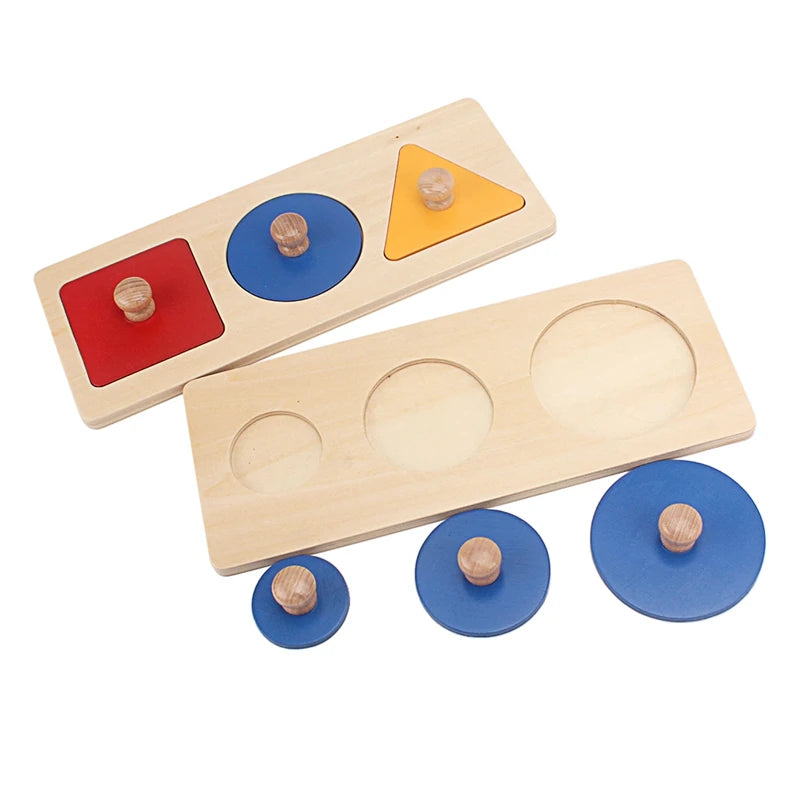 Montessori Wooden Shape Grip Board – Tri-Color Geometric Learning Puzzle - Kid Zone