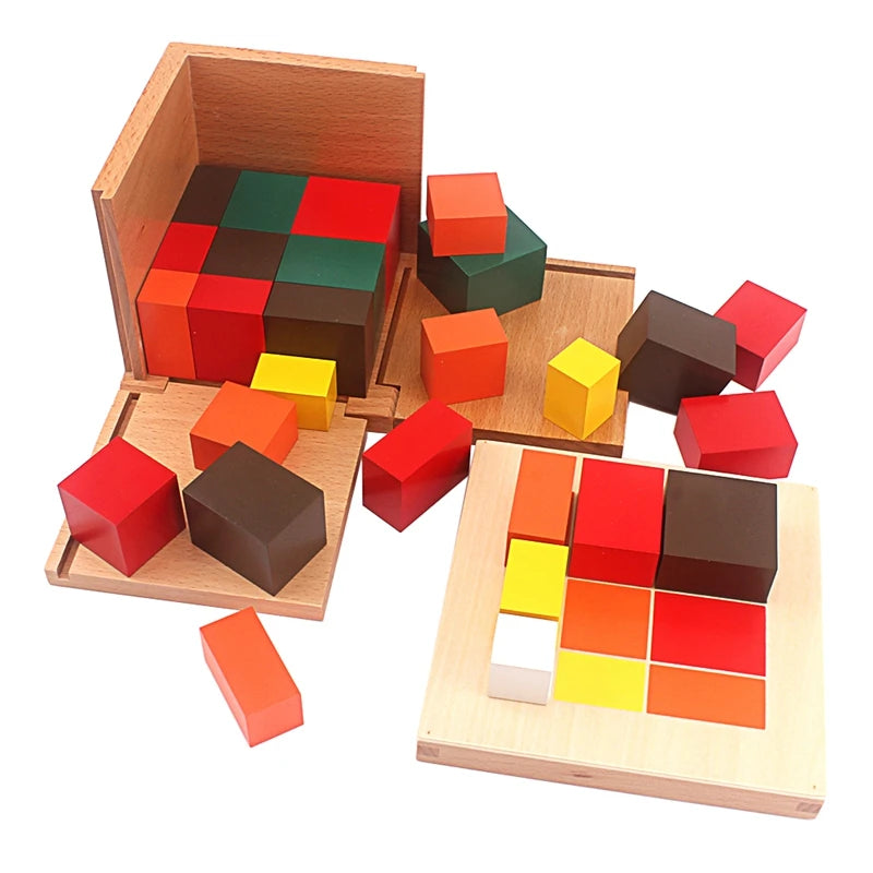 Montessori Tri-Color Cube Set – Wooden Cubes & Prisms in Storage Box (Math & Geometry Toy) - Kid Zone