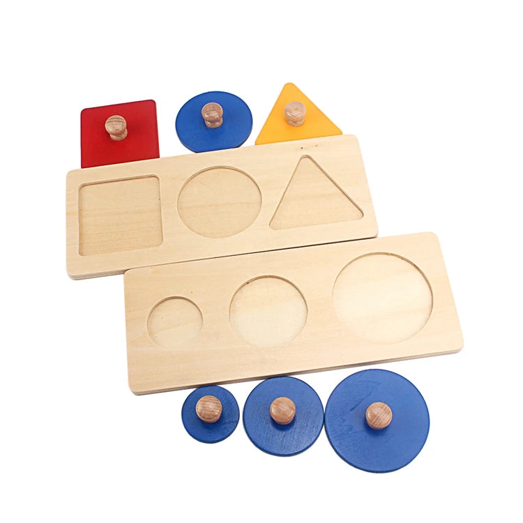 Montessori Wooden Shape Grip Board – Tri-Color Geometric Learning Puzzle - Kid Zone