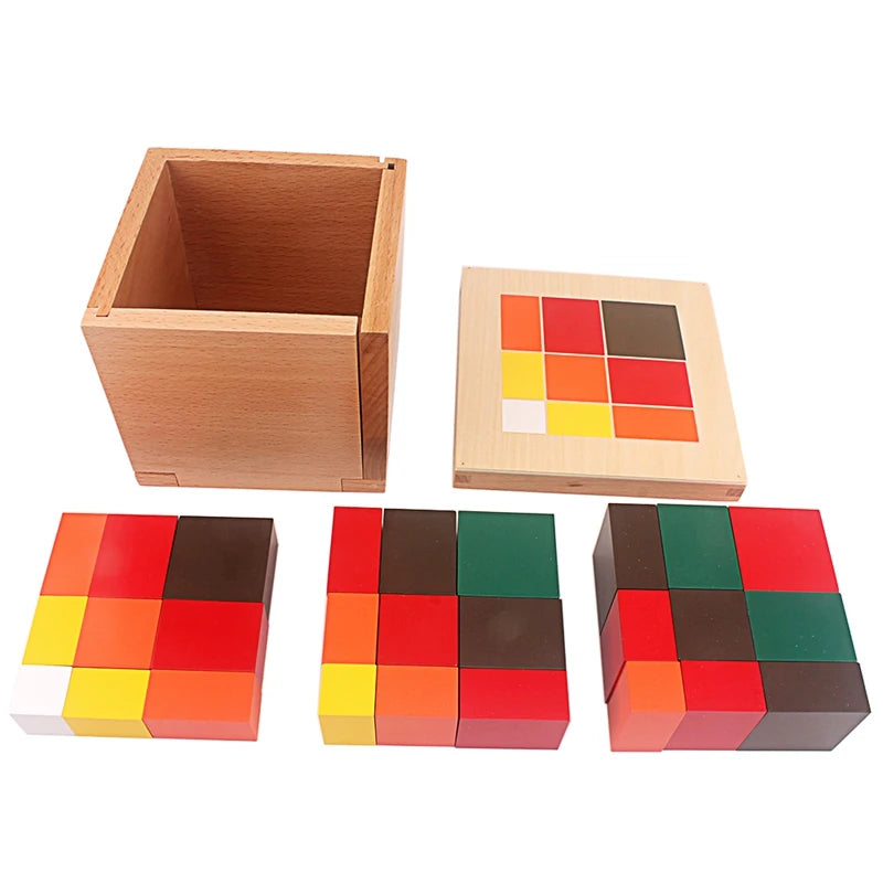 Montessori Tri-Color Cube Set – Wooden Cubes & Prisms in Storage Box (Math & Geometry Toy) - Kid Zone