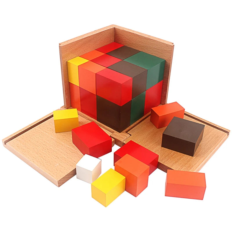 Montessori Tri-Color Cube Set – Wooden Cubes & Prisms in Storage Box (Math & Geometry Toy) - Kid Zone