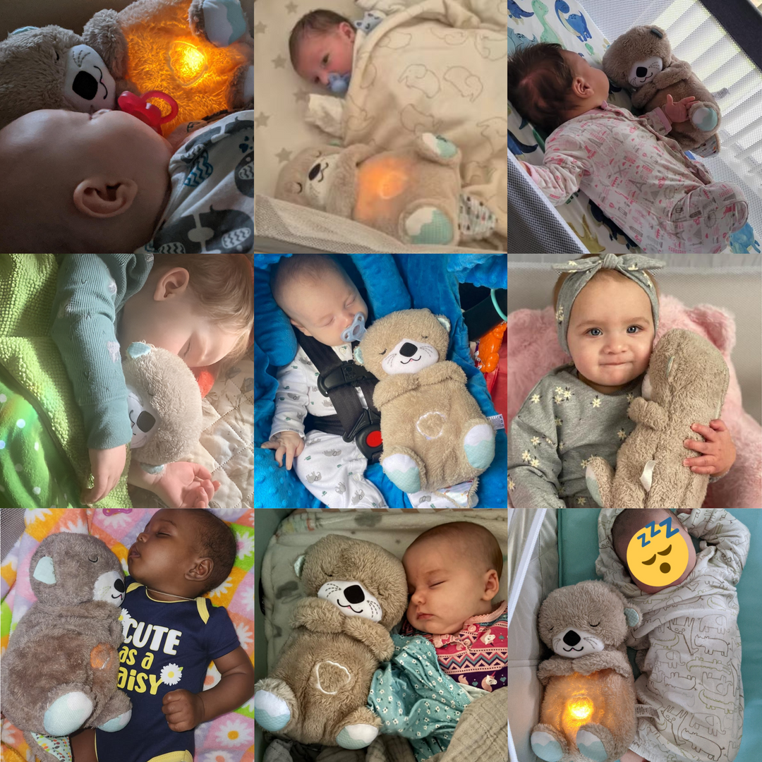 Babies cuddling soft plush bear toy in various settings, Kid Zone baby essentials