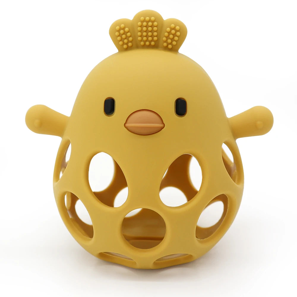 Yellow silicone baby chicken rattle toy with holes, educational and safe for infants