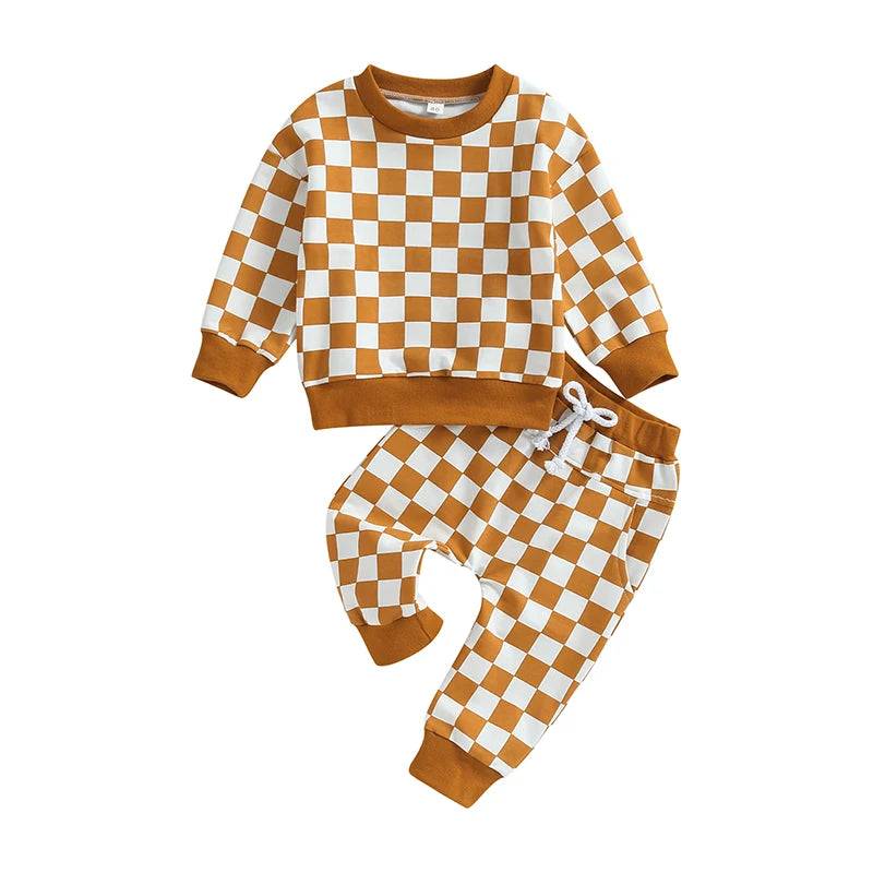 Trendy Baby Boy Clothes – Fall Hooded Sweatshirt & Plaid Jogger Pants Set - Kid Zone