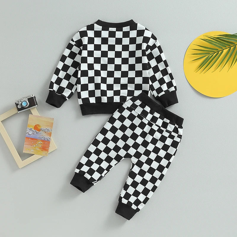 Trendy Baby Boy Clothes – Fall Hooded Sweatshirt & Plaid Jogger Pants Set - Kid Zone