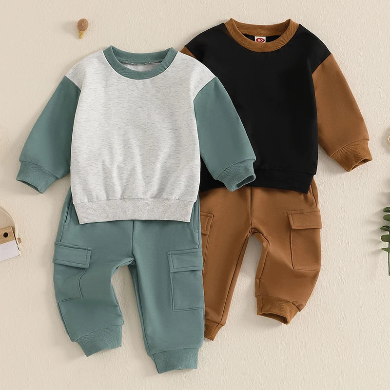 Cool Baby Boy Clothes – Fall Contrast-Color Sweatshirt & Cargo Pants Set - Kid Zone