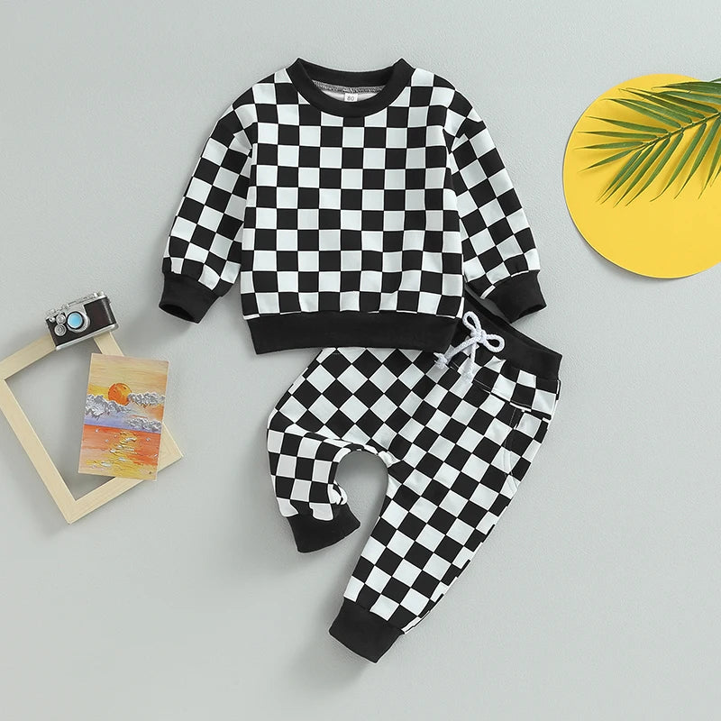 Trendy Baby Boy Clothes – Fall Hooded Sweatshirt & Plaid Jogger Pants Set - Kid Zone