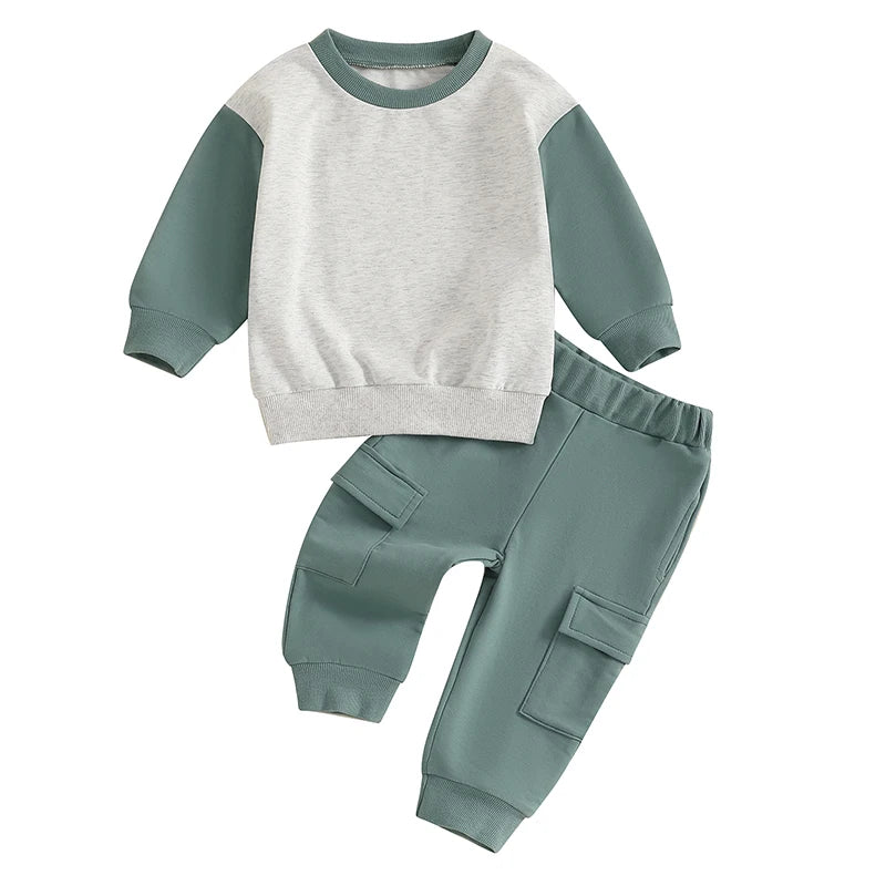 Cool Baby Boy Clothes – Fall Contrast-Color Sweatshirt & Cargo Pants Set - Kid Zone
