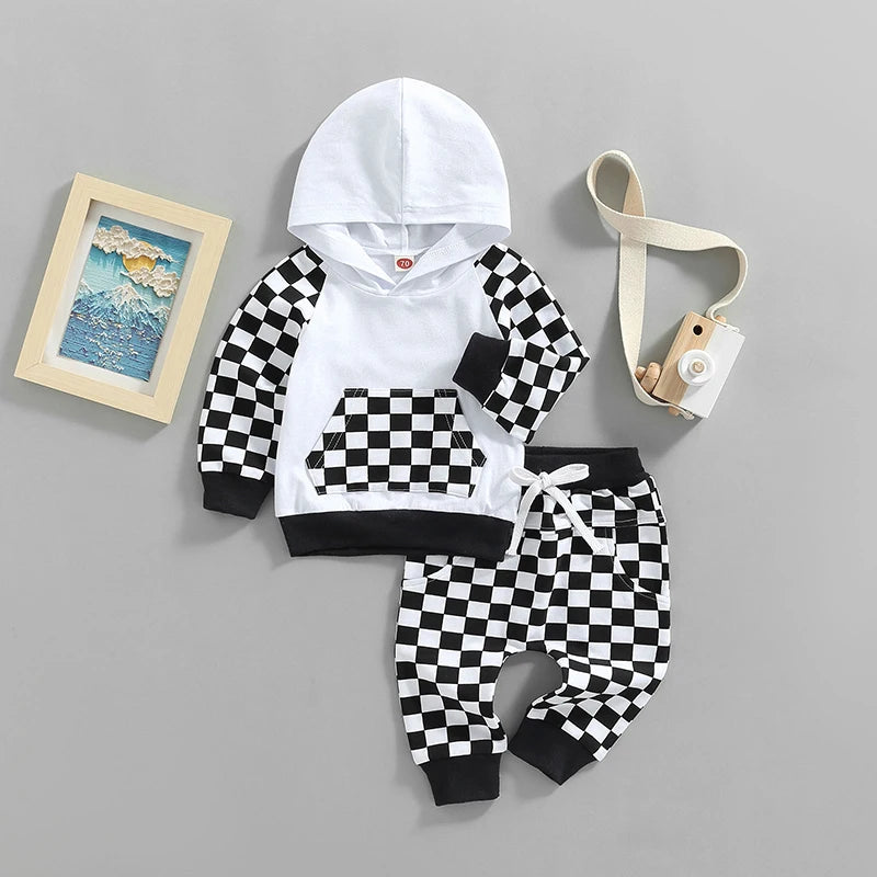 Baby Boy Winter Clothes – Long-Sleeve Plaid Hoodie 2-Piece Outfit - Kid Zone