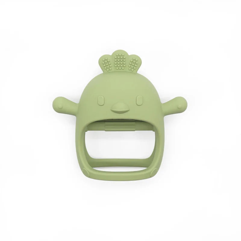 Green silicone baby teether shaped like a chicken, ideal for infant comfort and teething relief