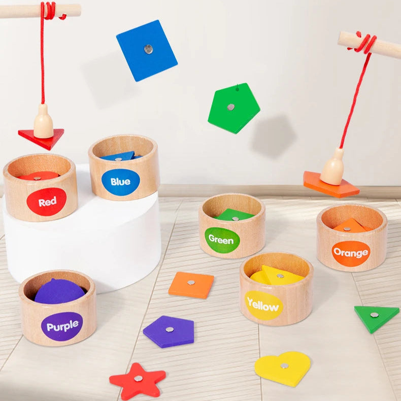 Montessori Magnetic Fishing & Sorting Wooden Toy – Educational Color & Shape Matching Game for Kids - Kid Zone