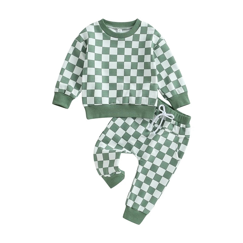 Trendy Baby Boy Clothes – Fall Hooded Sweatshirt & Plaid Jogger Pants Set - Kid Zone