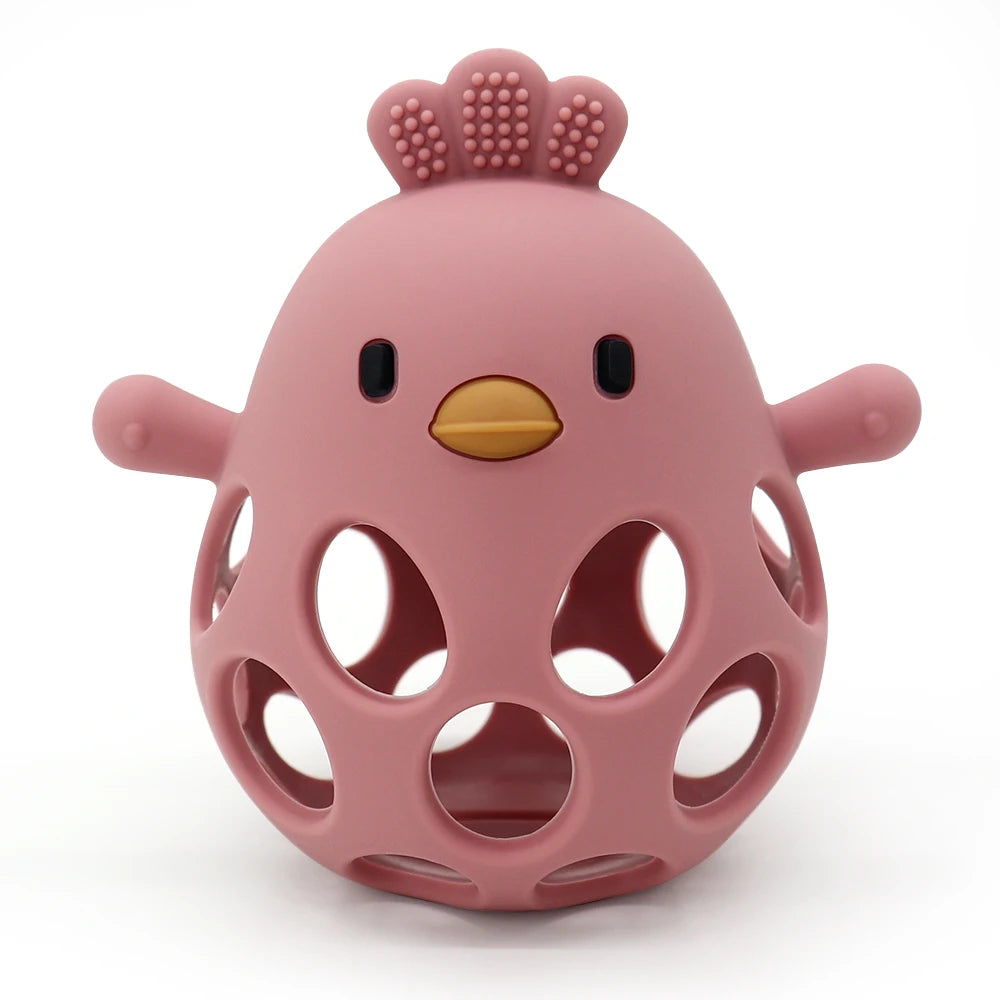 Pink silicone chicken baby toy with open holes, ideal for infant play and sensory development