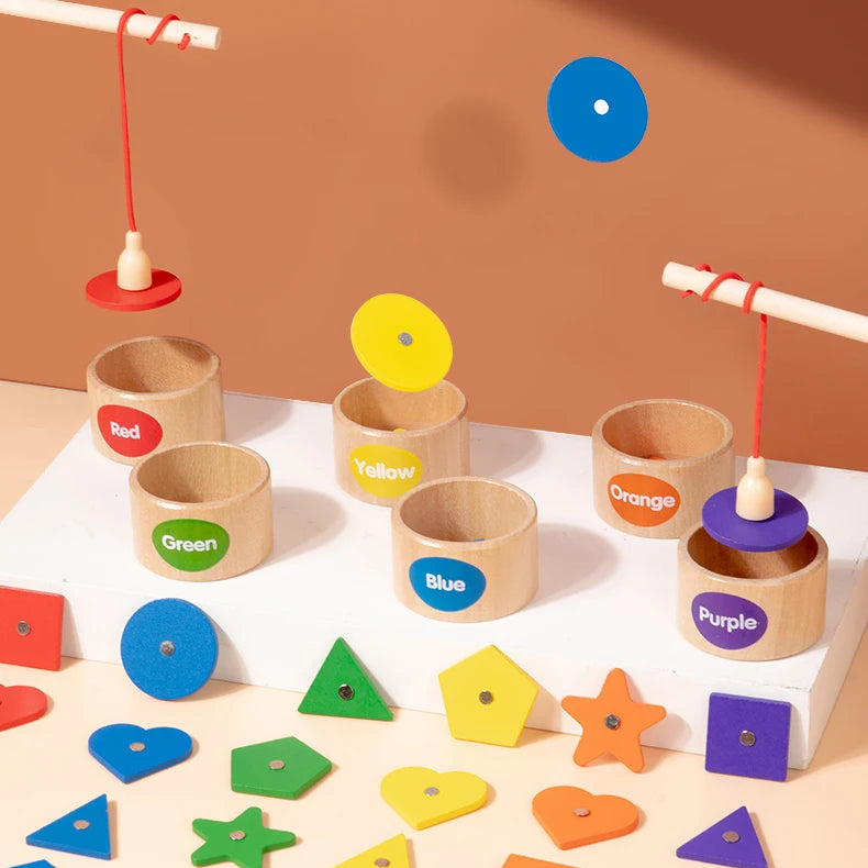 Montessori Magnetic Fishing & Sorting Wooden Toy – Educational Color & Shape Matching Game for Kids - Kid Zone