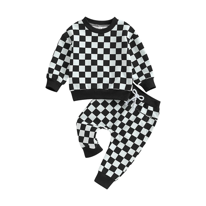 Trendy Baby Boy Clothes – Fall Hooded Sweatshirt & Plaid Jogger Pants Set - Kid Zone