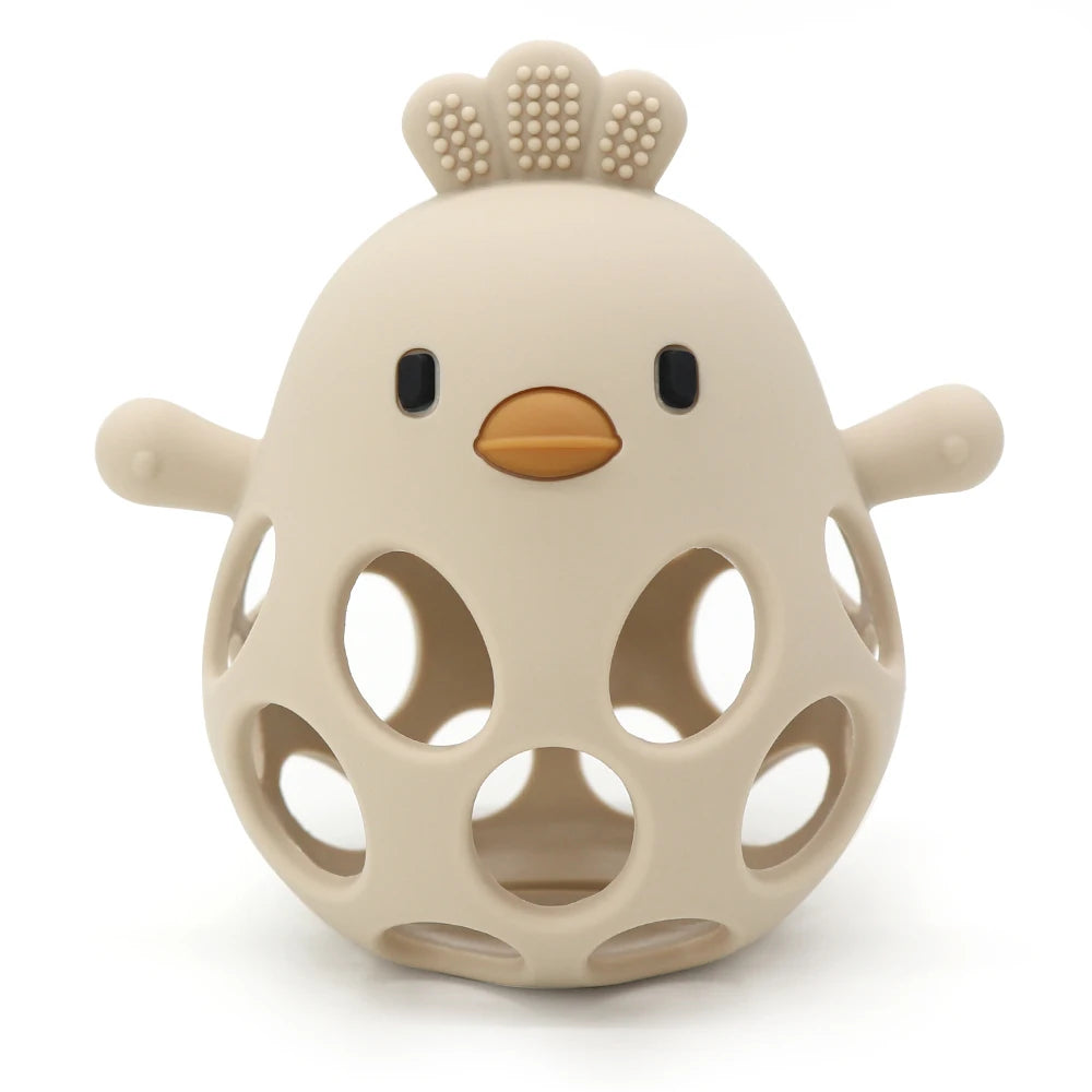 Soft beige silicone chicken-shaped baby toy with open holes, educational and easy to grasp
