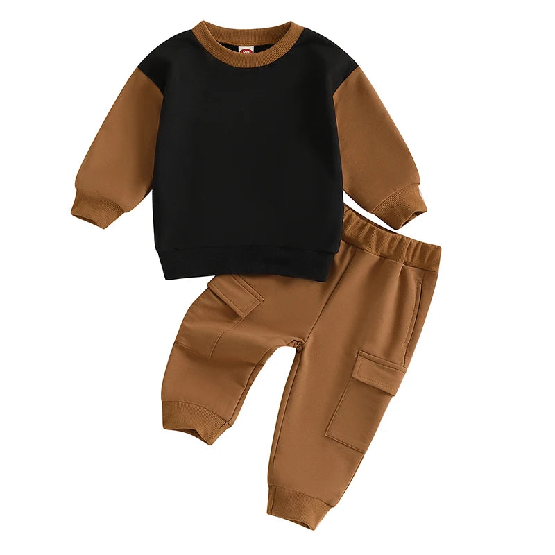 Cool Baby Boy Clothes – Fall Contrast-Color Sweatshirt & Cargo Pants Set - Kid Zone